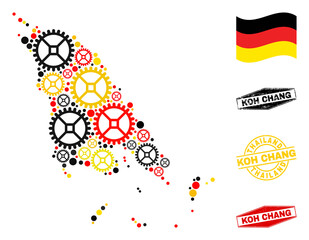 Service Koh Chang map collage and seals. Vector collage is designed with workshop items in different sizes, and German flag official colors - red, yellow, black.