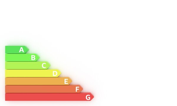 Energy efficiency class rating. Isometric colors labels. Certification system bar graph. 3d model chart. Consumption performance concept. Used for global warming. Front view