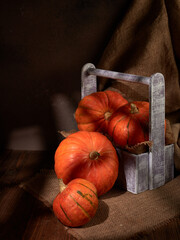 Ripe orange pumpkins in wooden box on brown background. Thanksgiving background. Autumn harvest
