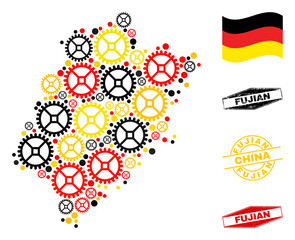 Repair service Fujian Province map composition and stamps. Vector collage created of repair service icons in different sizes, and Germany flag official colors - red, yellow, black.