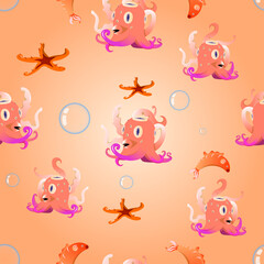 Beach seamless pattern with octopus fish and starfish. Flat vector illustration