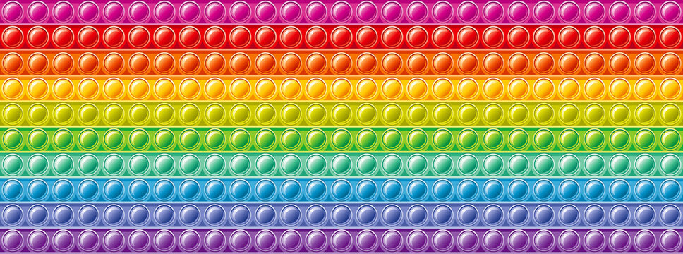 Fidget toy pattern. Popit sensory vector toy. Seamless rainbow popular pop it. 3d realistic antistress fidgeting toy. Bubble popit fidget vector. Anti stress rainbow sensory icon. Cartoon illustration