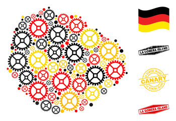 Repair service La Gomera Island map collage and seals. Vector collage is created with repair workshop items in various sizes, and German flag official colors - red, yellow, black.