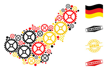 Gear Granada Province map mosaic and seals. Vector collage is designed of clock gear items in various sizes, and German flag official colors - red, yellow, black.