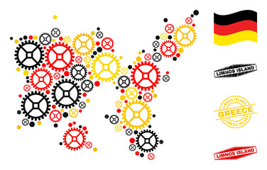 Repair workshop Limnos Island map mosaic and seals. Vector collage is created from repair workshop items in different sizes, and Germany flag official colors - red, yellow, black.