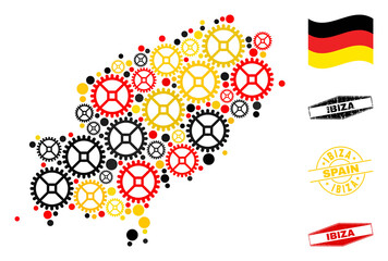 Repair service Ibiza Island map mosaic and stamps. Vector collage is designed with service icons in various sizes, and German flag official colors - red, yellow, black.