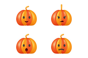 happy, angry, surprised and sullen pumpkins in a set of white background