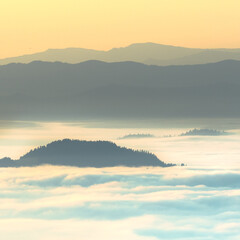 Obraz premium Widok z Turbacza, Pieniny w morzu mgieł, mgły nad kotliną nowotarską
