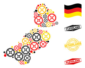 Service Flevoland Province map collage and seals. Vector collage is formed of repair service elements in various sizes, and Germany flag official colors - red, yellow, black.