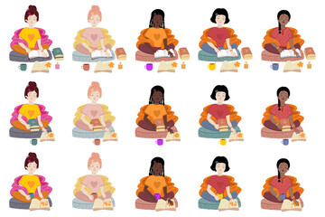 Young girls of different races sit in a lotus position, wrapped in a blanket with books and a diary. Vector autumn stickers and patches with girls set.

