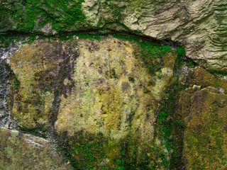 A stone wall with cracks and moss in between. Close up, texture of a wet stone wall.