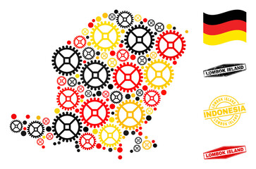 Mechanics Lombok Island map collage and seals. Vector collage is composed of repair service icons in different sizes, and Germany flag official colors - red, yellow, black.