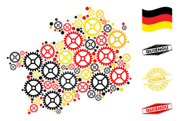 Workshop Guizhou Province map composition and stamps. Vector collage formed of repair workshop icons in various sizes, and German flag official colors - red, yellow, black.