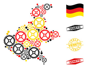 Gear Veneto region map collage and seals. Vector collage is composed with repair workshop icons in different sizes, and German flag official colors - red, yellow, black.