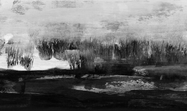 Abstract black and white landscape. Beautiful artistic image for creative design projects: posters, banners, cards, websites, prints, wallpapers. Hand painted artwork.