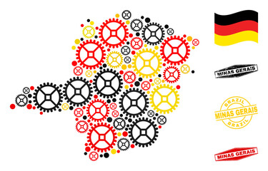 Repair service Minas Gerais State map composition and stamps. Vector collage created of repair workshop icons in variable sizes, and German flag official colors - red, yellow, black.