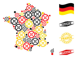 Repair service France map collage and seals. Vector collage is designed of repair service elements in variable sizes, and Germany flag official colors - red, yellow, black.