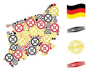 Service West Pomeranian Voivodeship map collage and stamps. Vector collage is composed with clock gear elements in variable sizes, and German flag official colors - red, yellow, black.