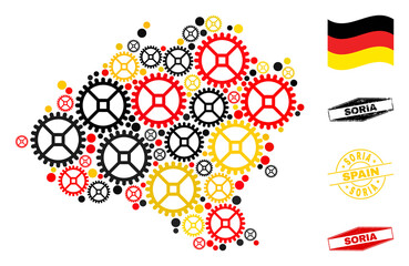 Repair workshop Soria Province map collage and stamps. Vector collage composed with repair service items in various sizes, and German flag official colors - red, yellow, black.