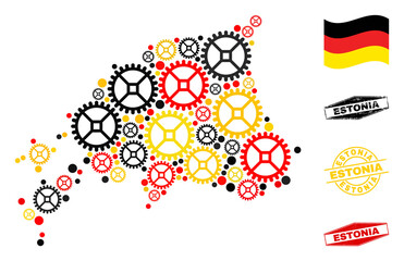 Service Estonia map collage and seals. Vector collage is designed with repair service items in various sizes, and German flag official colors - red, yellow, black.