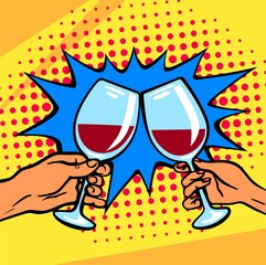 vector illustration with glasses of wine in hands in pop art style