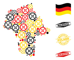 Repair service Masovian Voivodeship map collage and stamps. Vector collage is formed from repair service items in different sizes, and Germany flag official colors - red, yellow, black.