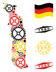 Repair workshop Togo map collage and stamps. Vector collage is created with repair workshop icons in variable sizes, and German flag official colors - red, yellow, black.