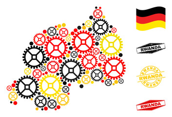 Wheel Rwanda map collage and stamps. Vector collage is formed with wheel elements in different sizes, and German flag official colors - red, yellow, black.