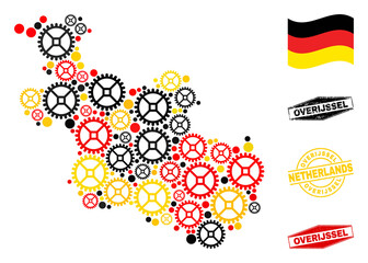 Repair workshop Overijssel Province map collage and seals. Vector collage is created with mechanics icons in various sizes, and Germany flag official colors - red, yellow, black.