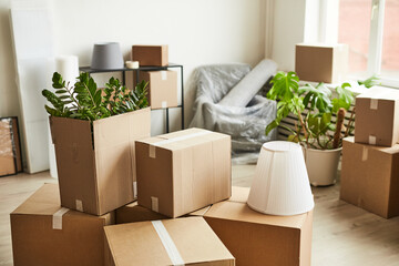 Background image of cardboard boxes in empty room with plants and furniture, moving to new home concept, copy space