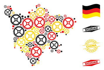 Repair service Sichuan Province map composition and seals. Vector collage is composed with service icons in variable sizes, and German flag official colors - red, yellow, black.