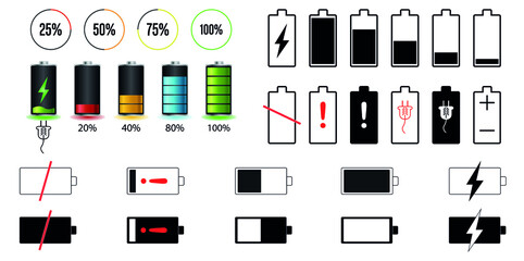 Battery charge indicator icon set. Charging Level vector icon Battery power powerfully full fun running power low status full batteries set logo Empty charge level charging bar.