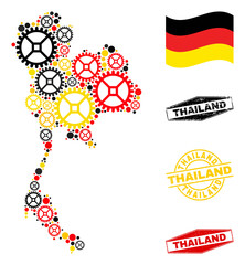 Gear Thailand map composition and seals. Vector collage formed with repair service icons in different sizes, and Germany flag official colors - red, yellow, black.