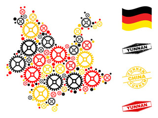 Mechanics Yunnan Province map collage and stamps. Vector collage is designed of service elements in variable sizes, and German flag official colors - red, yellow, black.