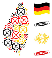Wheel Saint Lucia Island map collage and seals. Vector collage is designed of industrial elements in different sizes, and German flag official colors - red, yellow, black.