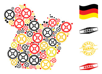 Workshop Paral State map collage and seals. Vector collage is formed of workshop items in various sizes, and German flag official colors - red, yellow, black.