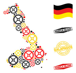 Industrial Isabela Island of Galapagos map collage and stamps. Vector collage is designed of industrial icons in various sizes, and Germany flag official colors - red, yellow, black.