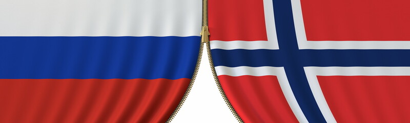 Russia and Norway political cooperation or conflict, flags and closing or opening zipper, conceptual 3D rendering