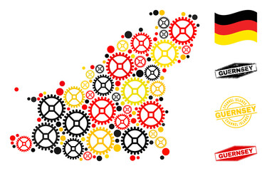 Service Guernsey Island map mosaic and seals. Vector collage is composed with repair service elements in variable sizes, and German flag official colors - red, yellow, black.
