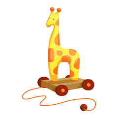 Children's toy giraffe on wheels and with a rope. Cartoon vector graphics.