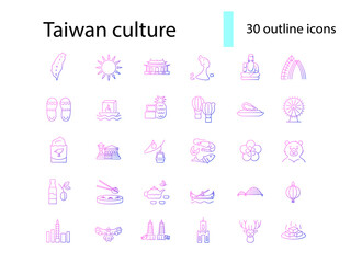 Oriental culture of Taiwan outline icons set. Taiwanese attractions. Purple symbol. Isolated vector illustration