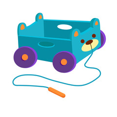 Children's toy wheelbarrow, box for toys on wheels with a face of a bear. Cartoon vector graphics.