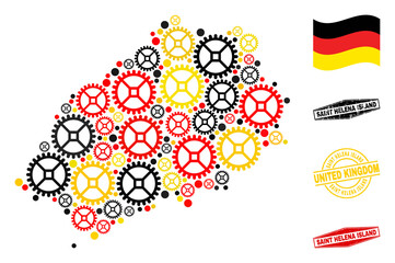 Service Saint Helena Island map collage and stamps. Vector collage is created with repair service icons in various sizes, and Germany flag official colors - red, yellow, black.