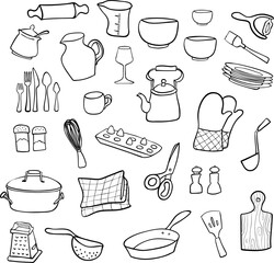 Set of kitchen items and kitchen tools in doodle style. suitable for recipes - obrazy, fototapety, plakaty