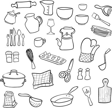 Set of kitchen items and kitchen tools in doodle style. suitable for recipes