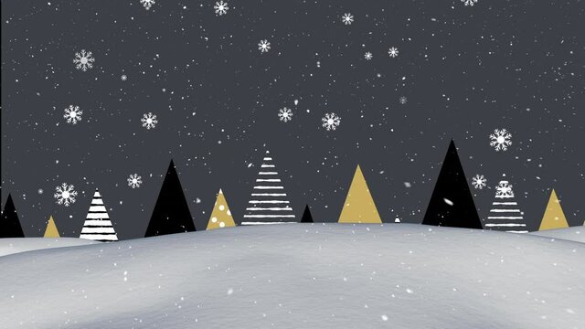 Snowflakes falling over winter landscape against christmas tree icons on grey background
