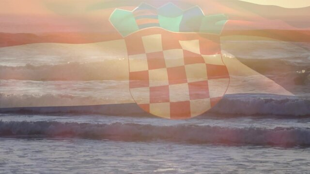 Digital composition of waving croatia flag against view of the beach and sea waves