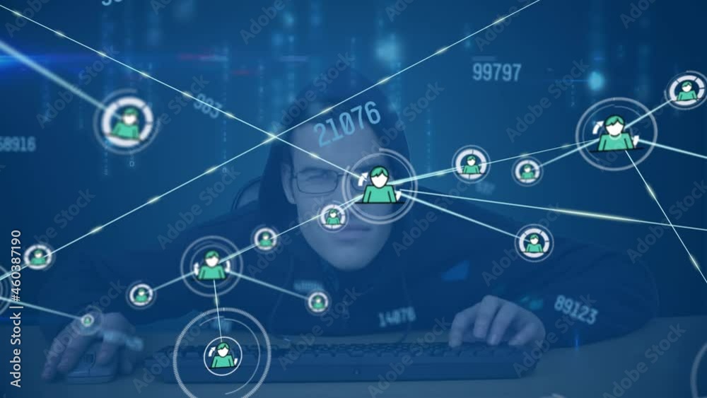 Poster network of profile icons and multiple changing numbers against male hacker using laptop