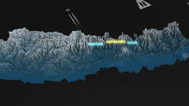 Seamless looping animation of the 3d terrain map at nighttime of Nepal with the capital and the biggest cites in 4K resolution