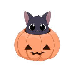 Słodki czarny kot chowający się w wydrążonej dyni. Ilustracja Halloweenowa. Cukierek albo psikus! Uroczy ręcznie rysowany mały kotek. Ilustracja wektorowa.